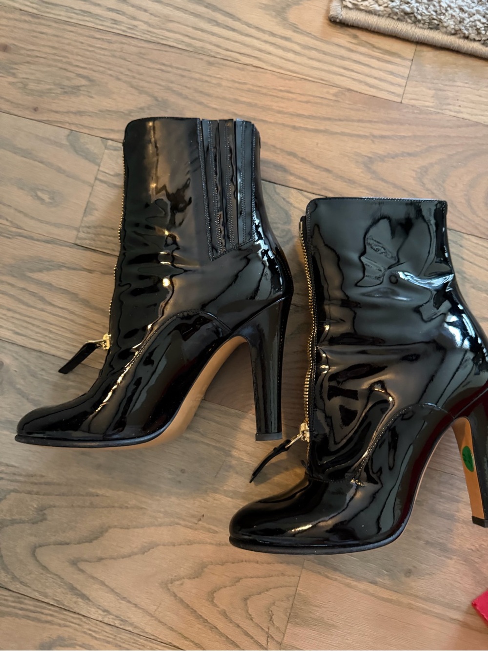 Skechers Black Patent High Heel Ankle Boots with Gold Zipper Detail
